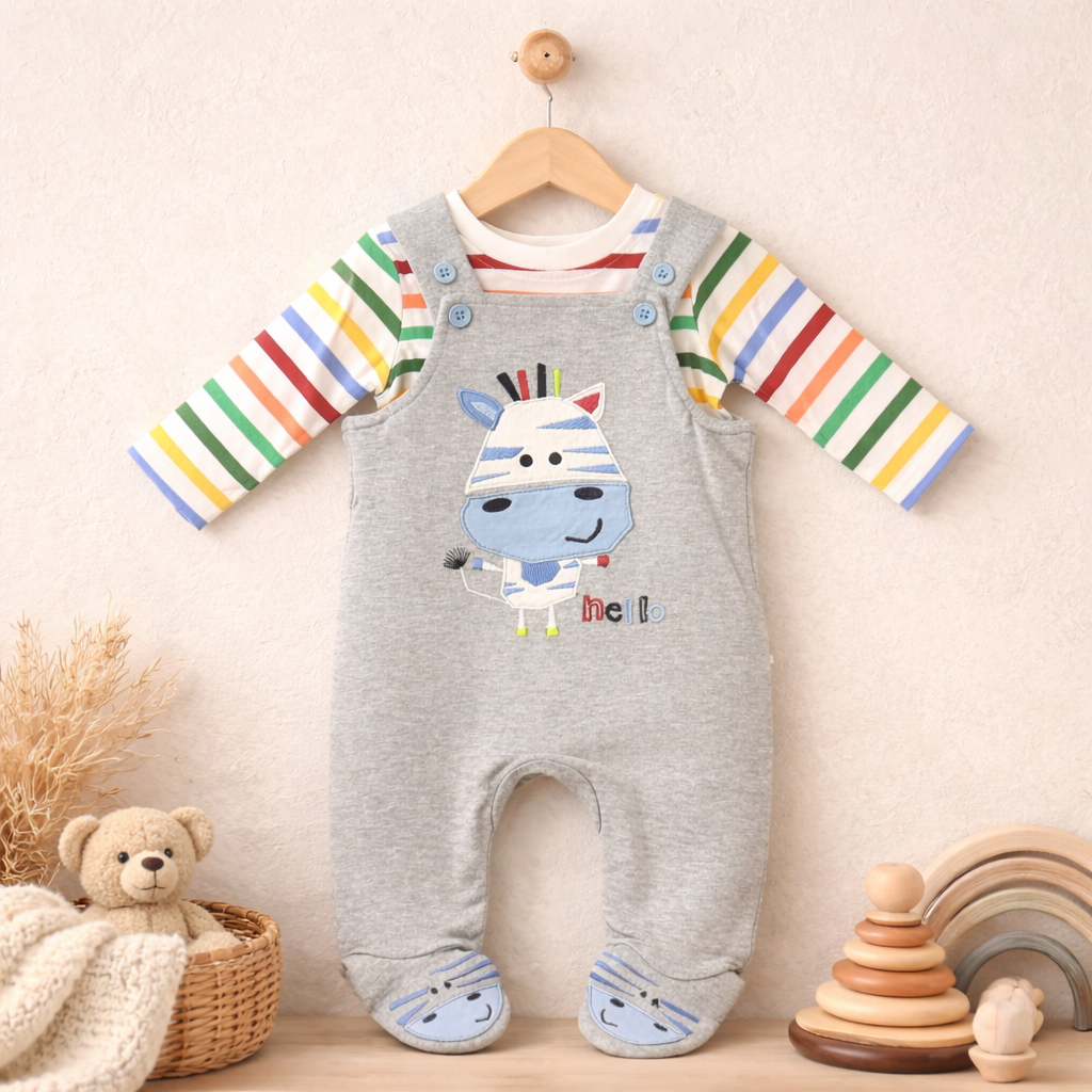Zebra Footed Baby Romper Set – Grey