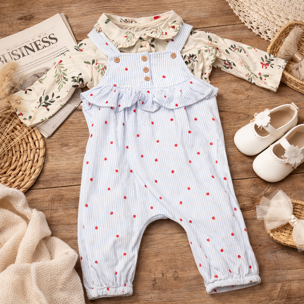 Strawberry Stripe Dungaree Dress Set