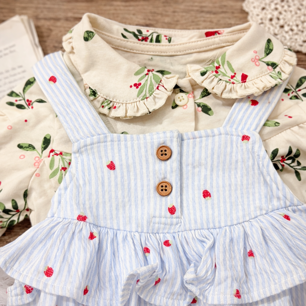 Strawberry Stripe Dungaree Dress Set