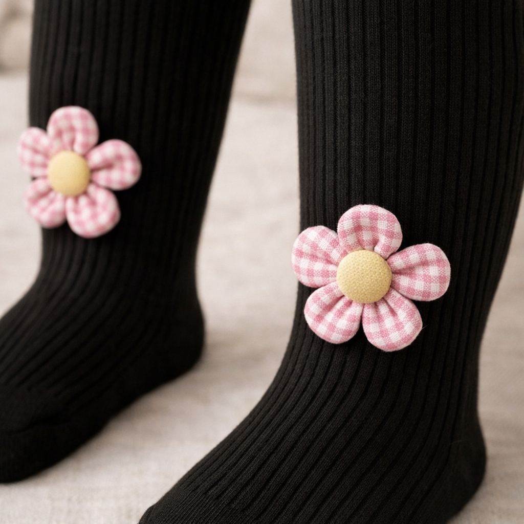 Baby Girls Cotton Ribbed Stockings with Flower Detail – Soft Stretch Fit