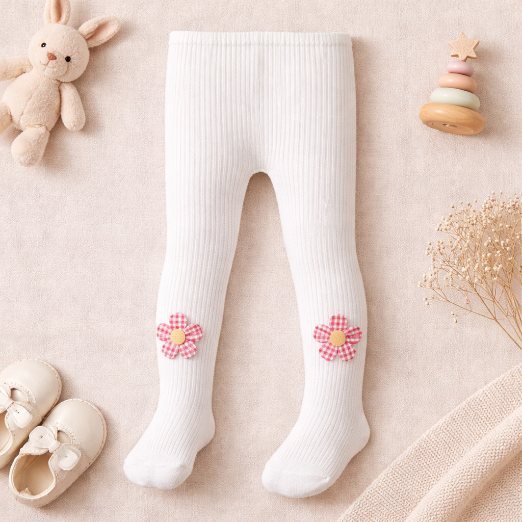 Baby Girls Cotton Ribbed Stockings with Flower Detail – Soft Stretch Fit