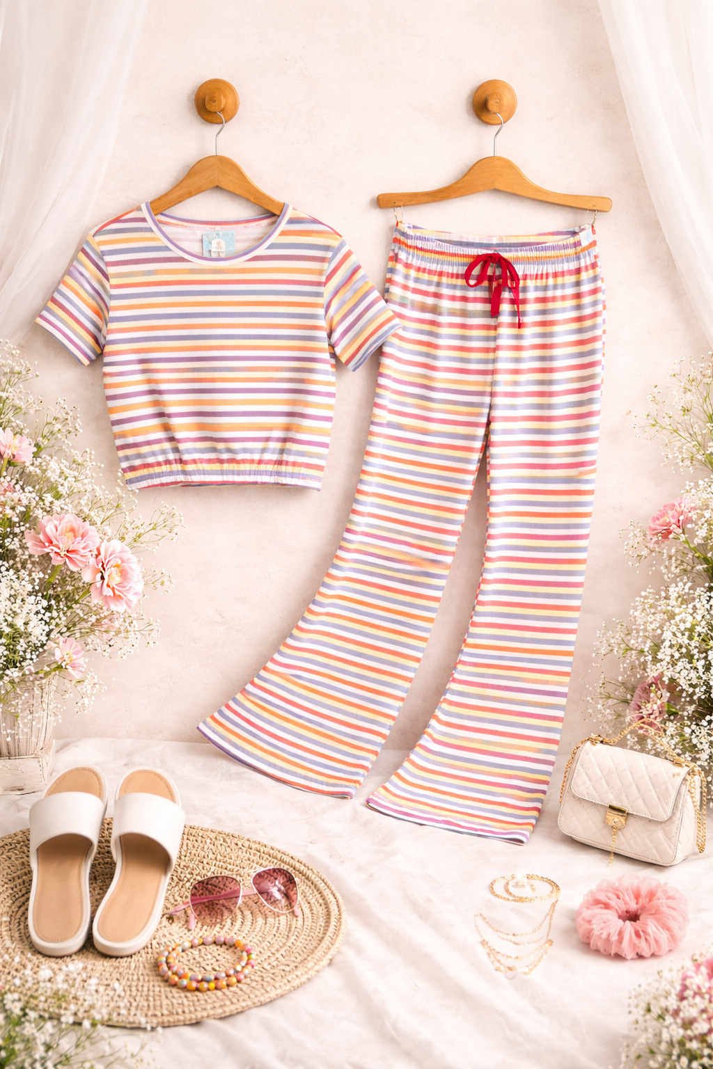 Pastel Rainbow Stripe Bootcut Co-Ord Set