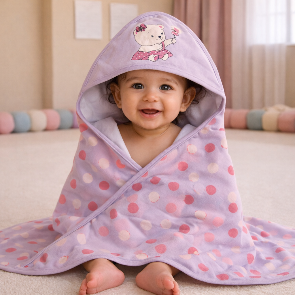 Babyoye Teddy Bear Print Hooded Baby Towel – Soft Terry Cotton Bath Wrapper (Lavender Pink)