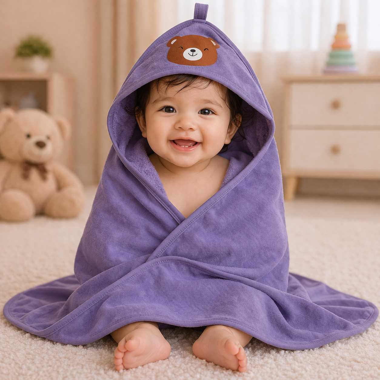 Babyhug Solid Hooded Baby Towel with Bear Patch – Soft Terry Cotton Bath Wrapper (Lavender Purple)