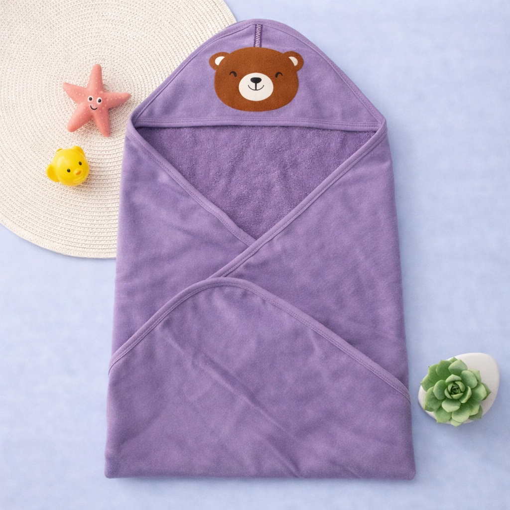 Babyhug Solid Hooded Baby Towel with Bear Patch – Soft Terry Cotton Bath Wrapper (Lavender Purple)