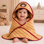 Babyoye Striped Hooded Baby Towel with Bear Patch – Soft Terry Cotton Bath Wrapper (Yellow & Red)