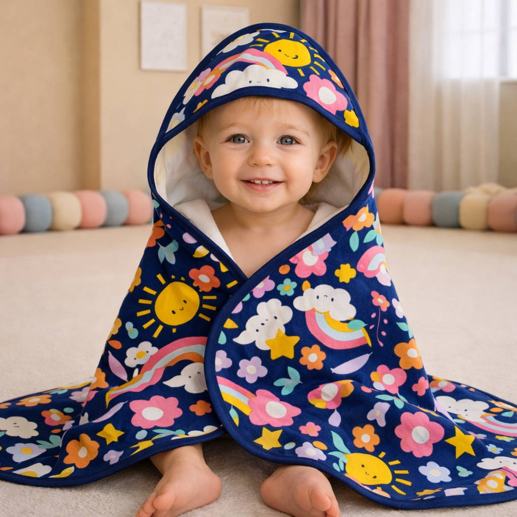 Babyhug Sun & Rainbow Print Hooded Baby Towel – Soft Terry Cotton Bath Wrapper (Navy Blue Multi)
