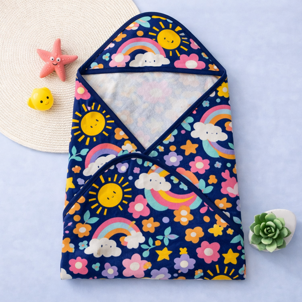 Babyhug Sun & Rainbow Print Hooded Baby Towel – Soft Terry Cotton Bath Wrapper (Navy Blue Multi)
