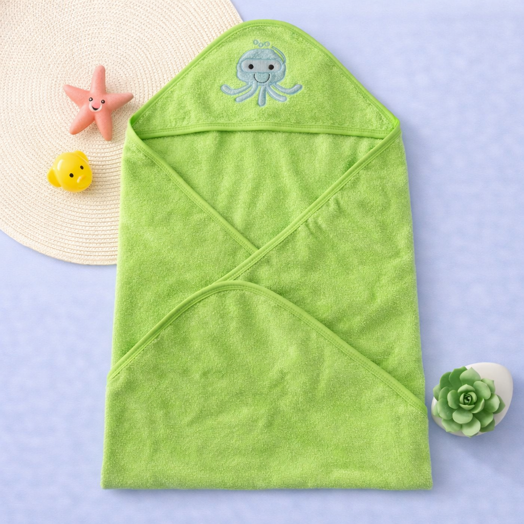 Babyhug Octopus Patch Hooded Baby Towel – Soft Terry Cotton Bath Wrapper (Green)