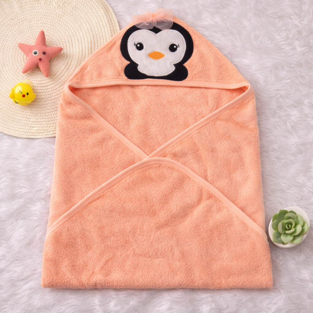 Babyhug Penguin Patch Hooded Baby Towel – Soft Terry Cotton Bath Wrapper (Peach)