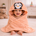Babyhug Penguin Patch Hooded Baby Towel – Soft Terry Cotton Bath Wrapper (Peach)