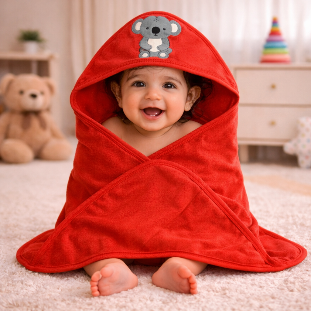 Babyhug Koala Patch Hooded Baby Towel – Soft Terry Cotton Bath Wrapper (Red)