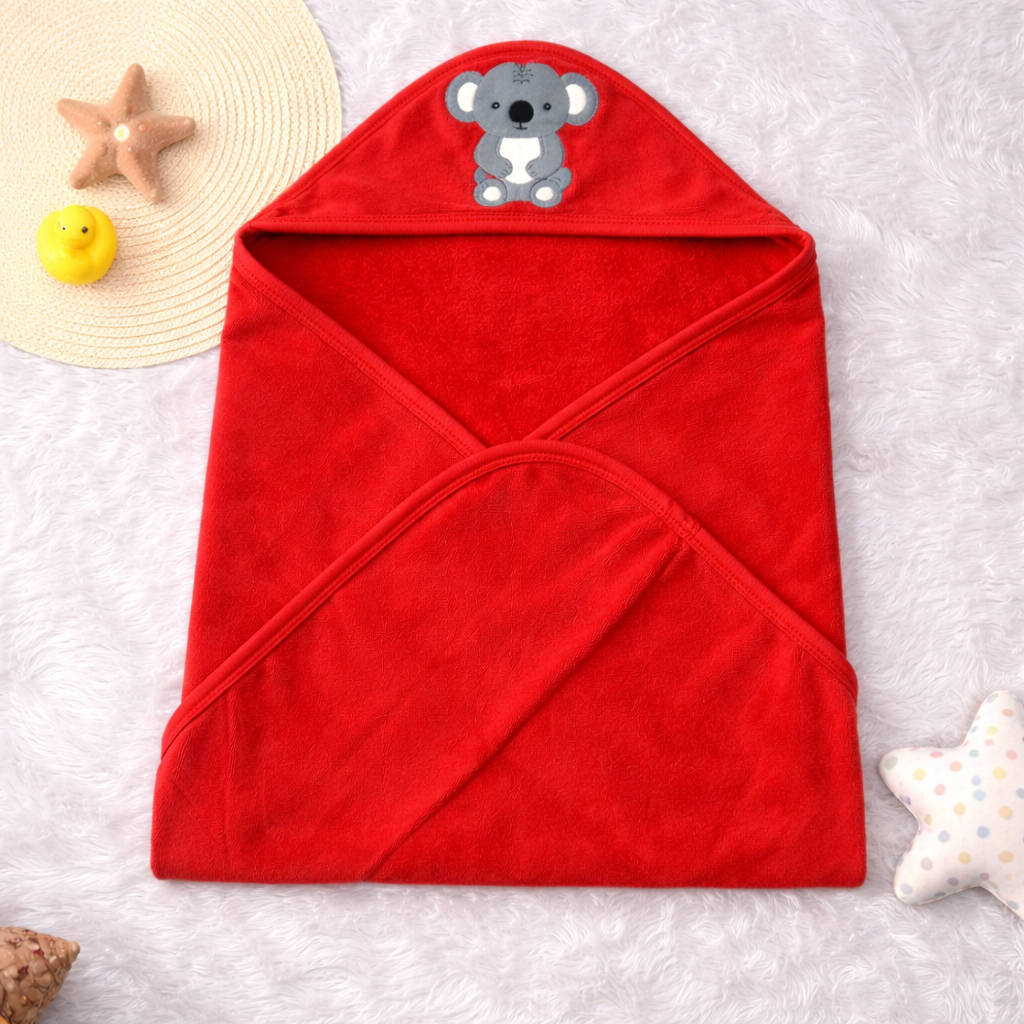 Babyhug Koala Patch Hooded Baby Towel – Soft Terry Cotton Bath Wrapper (Red)