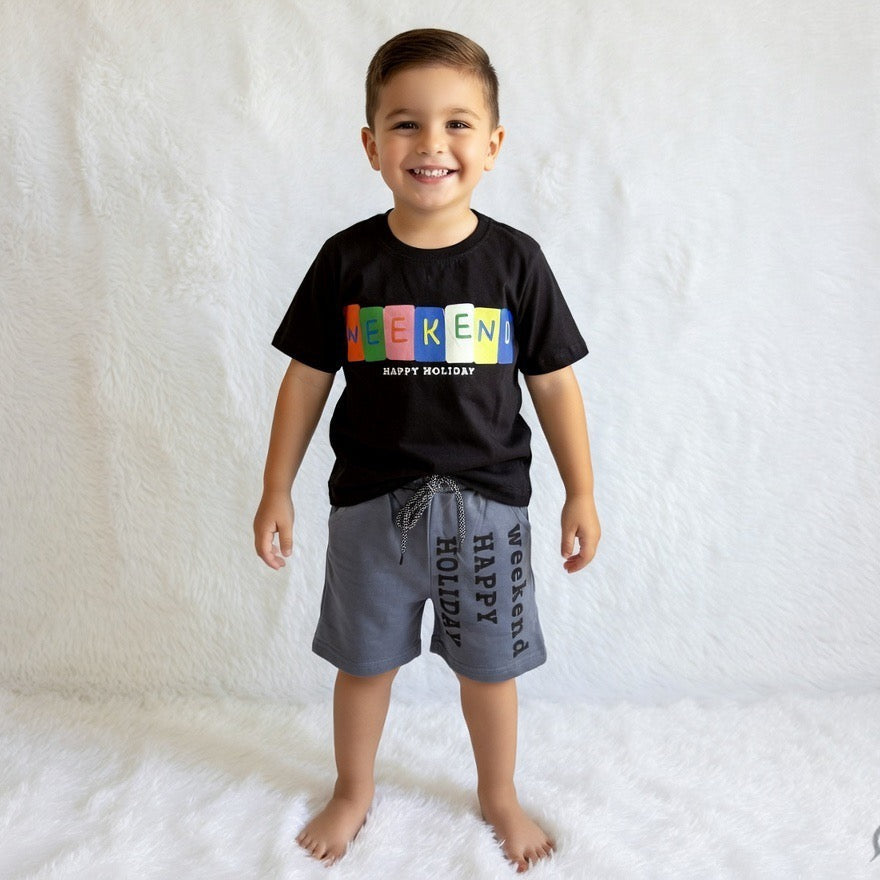 Weekend Vibes Black & Grey Short Set for Boys
