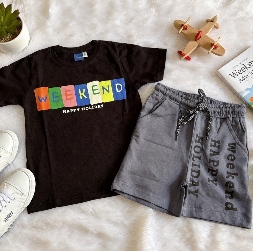 Weekend Vibes Black & Grey Short Set for Boys