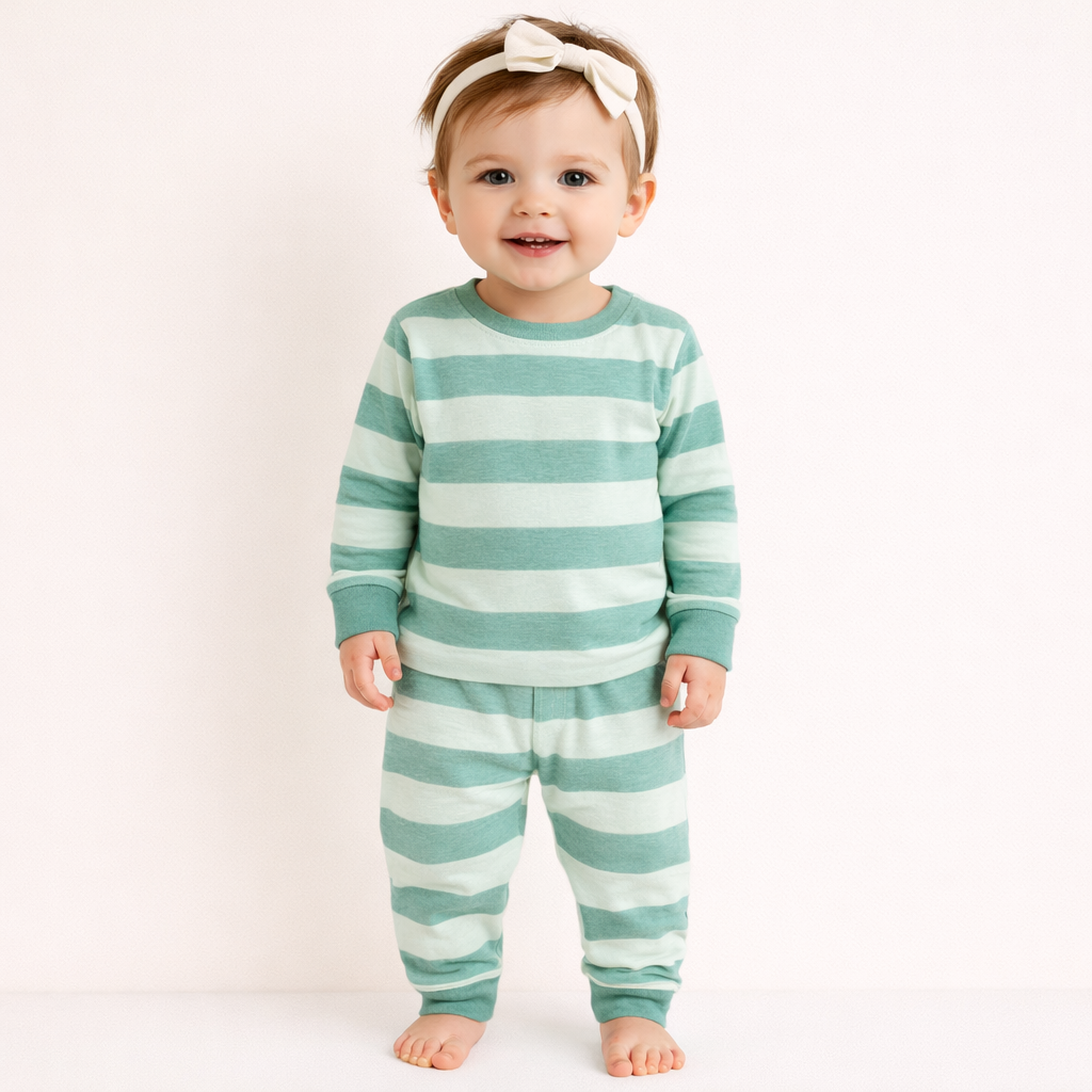 Minicute Striped Full Sleeve Top & Pants Set – Soft Cotton Co-ord for Kids (Green)