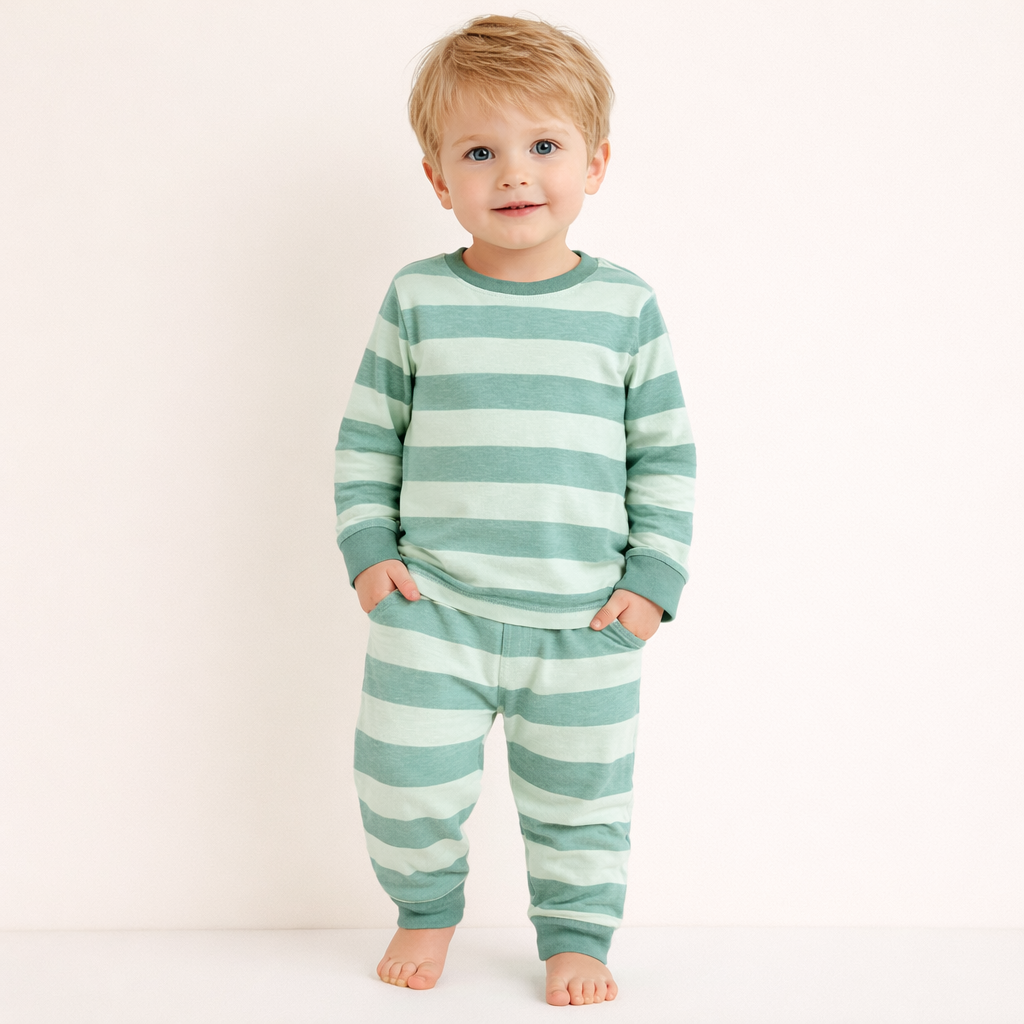 Minicute Striped Full Sleeve Top & Pants Set – Soft Cotton Co-ord for Kids (Green)