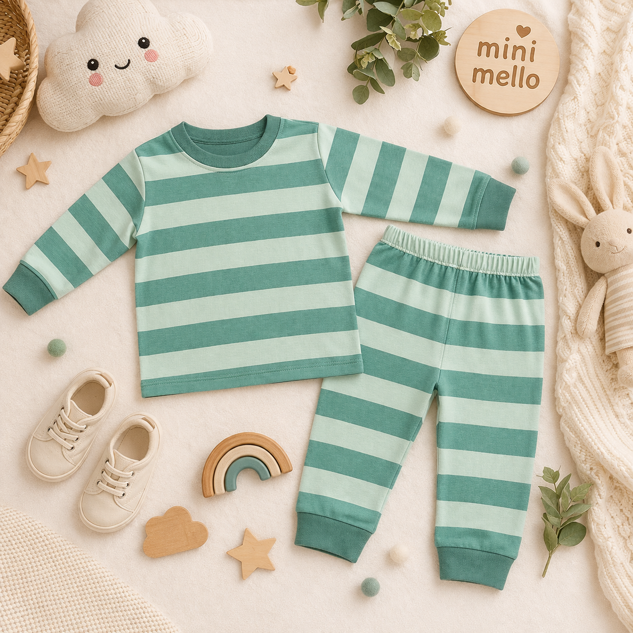 Minicute Striped Full Sleeve Top & Pants Set – Soft Cotton Co-ord for Kids (Green)