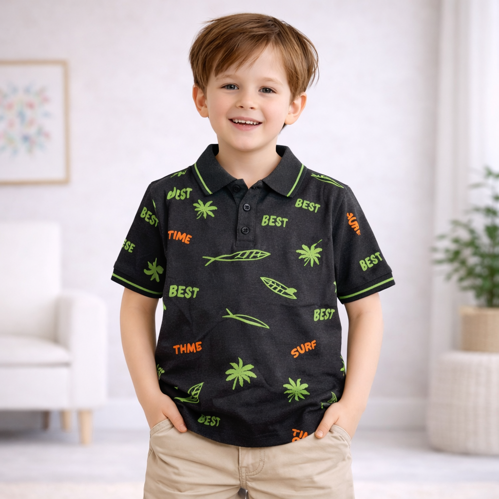 Cool Surf & Palm Print Polo T-Shirt