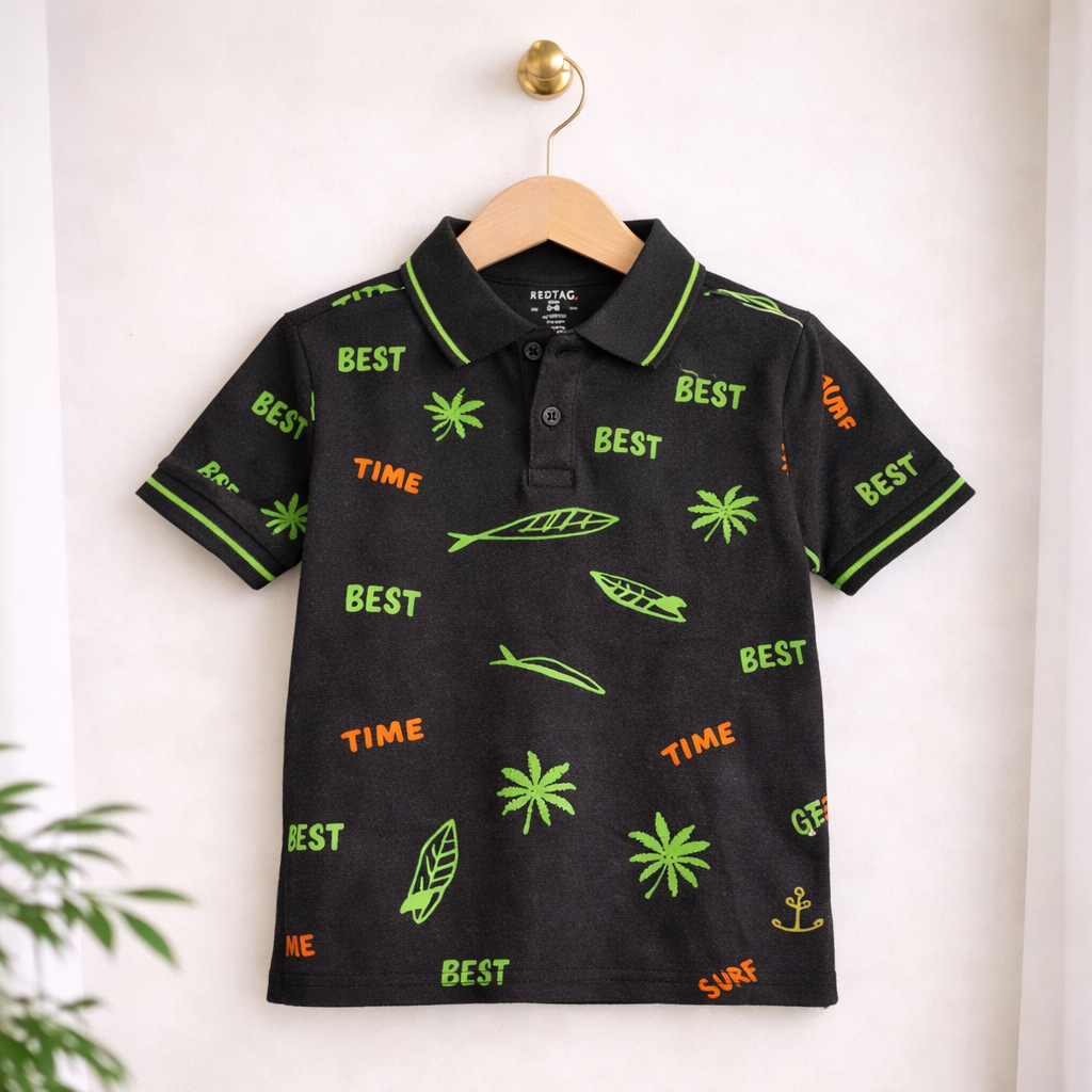 Cool Surf & Palm Print Polo T-Shirt