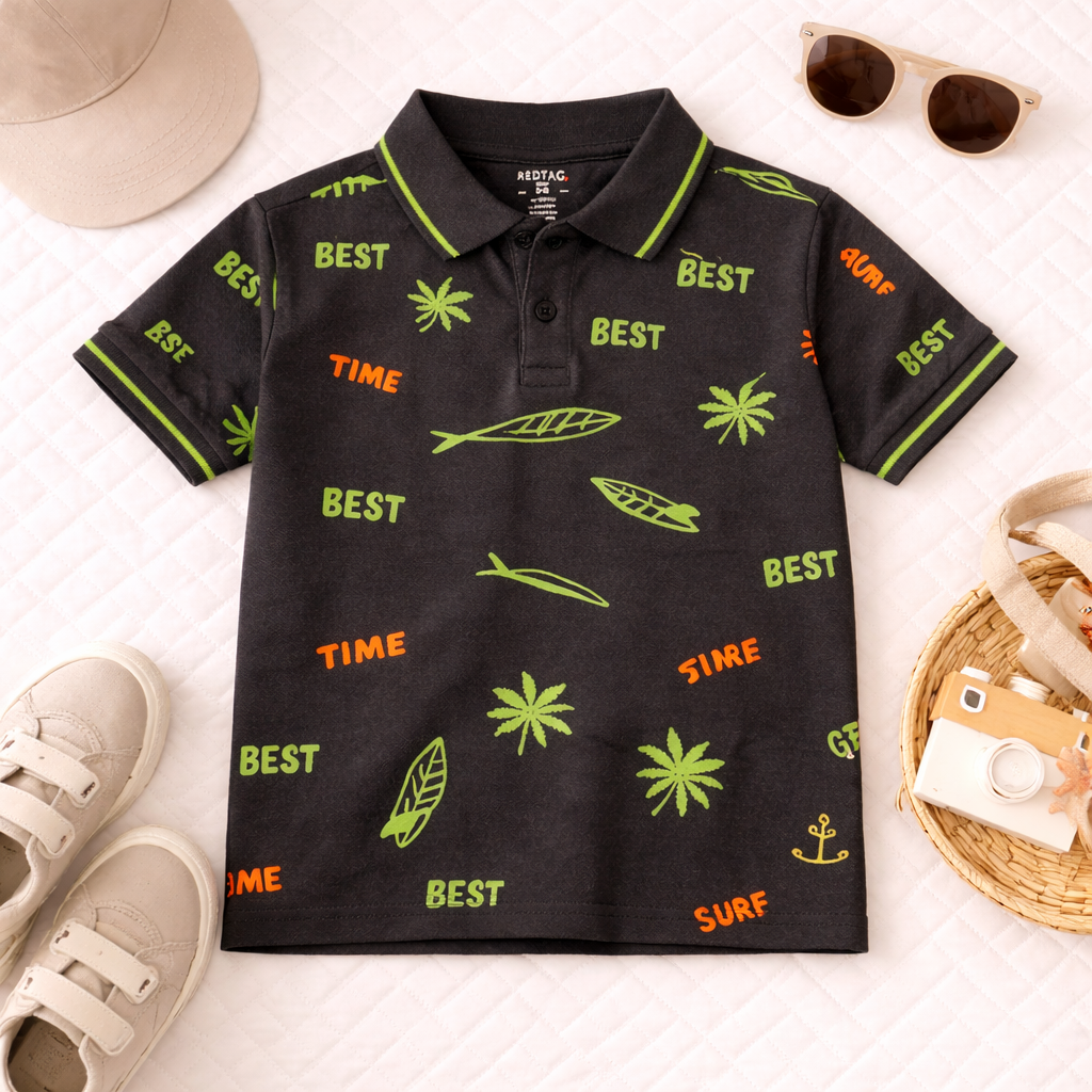Cool Surf & Palm Print Polo T-Shirt