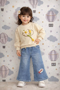 Girls Daisy Appliqué Sweatshirt with Denim Culotte Set – Premium Winter Outfit