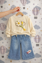 Girls Daisy Appliqué Sweatshirt with Denim Culotte Set – Premium Winter Outfit