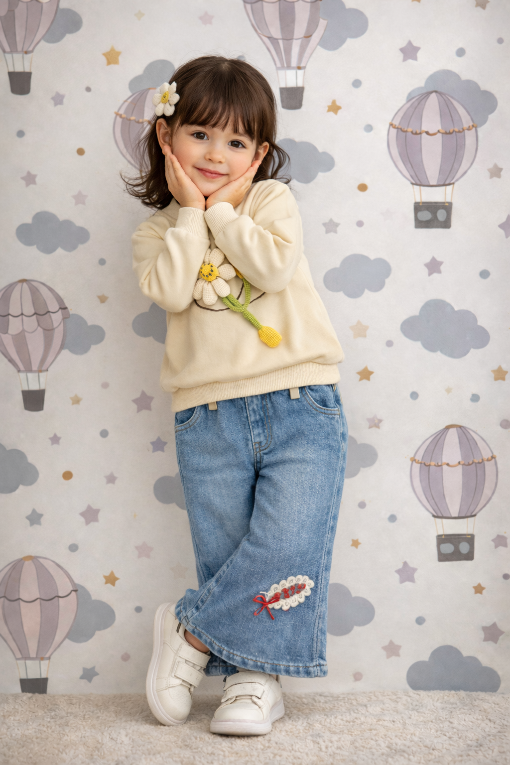 Girls Daisy Appliqué Sweatshirt with Denim Culotte Set – Premium Winter Outfit