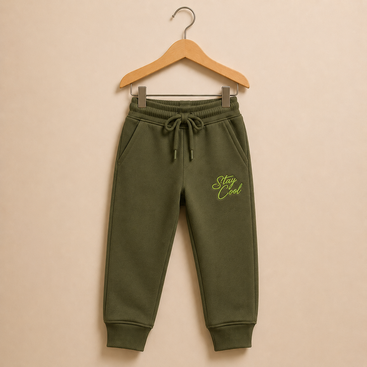 Olive green jogger sweatpants with a drawstring waist and 'Stay Cool' text graphic on the left leg, hanging on a wooden hanger against a solid beige background.