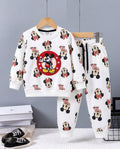A children's two-piece sweatshirt and pants set featuring an all-over Mickey Mouse print on a white background. The sweatshirt has a large red circular Mickey graphic on the chest, and the pants have matching Mickey prints.
