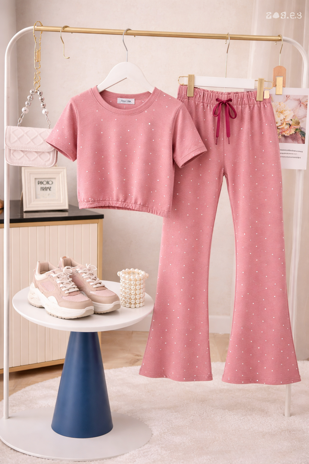Dusty Pink Polka bootcut Co-ord Set