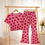 Dark Pink Heart Print bootcut Co-Ord Set