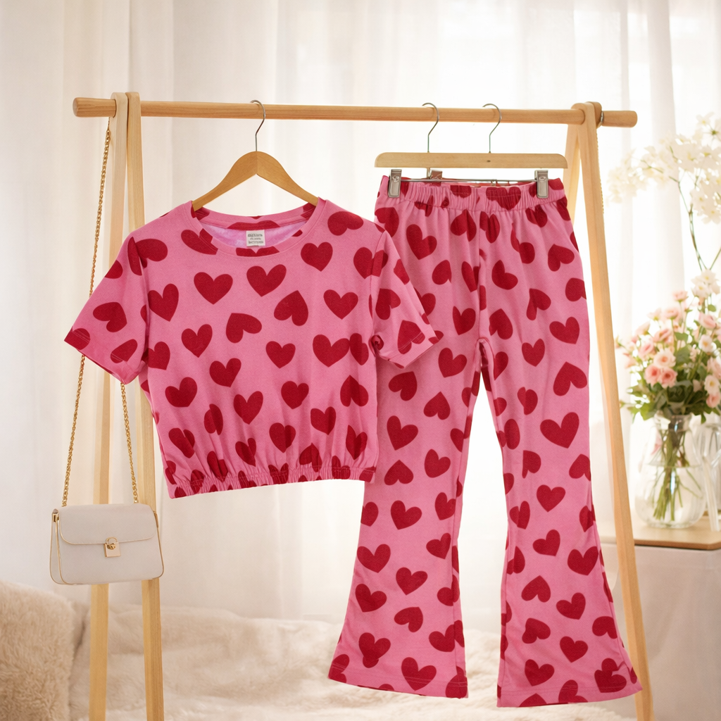 Dark Pink Heart Print bootcut Co-Ord Set