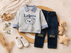 Grey Bear Print Kids Sweatshirt & Denim Jogger Set