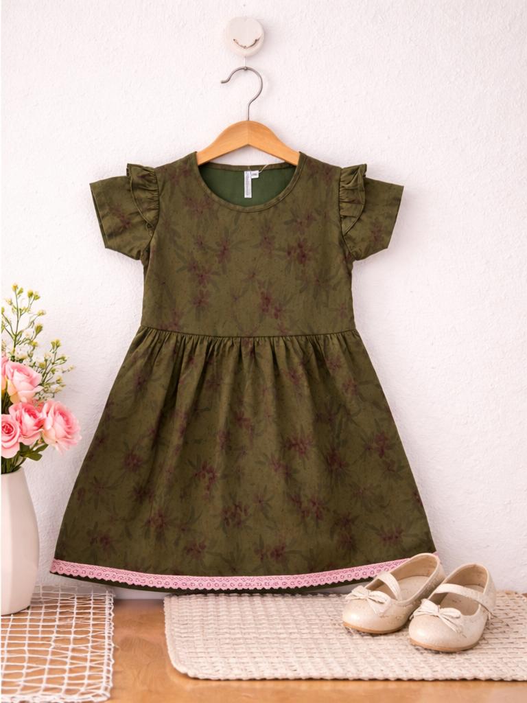 Elegant Olive Floral Girls Dress