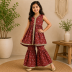 Maroon Floral Flared Kurta & Sharara Set