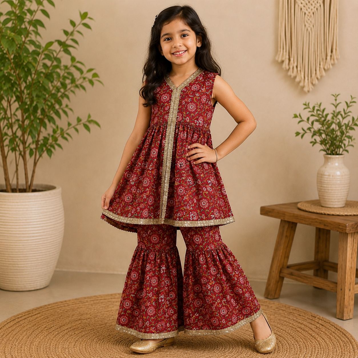 Maroon Floral Flared Kurta & Sharara Set