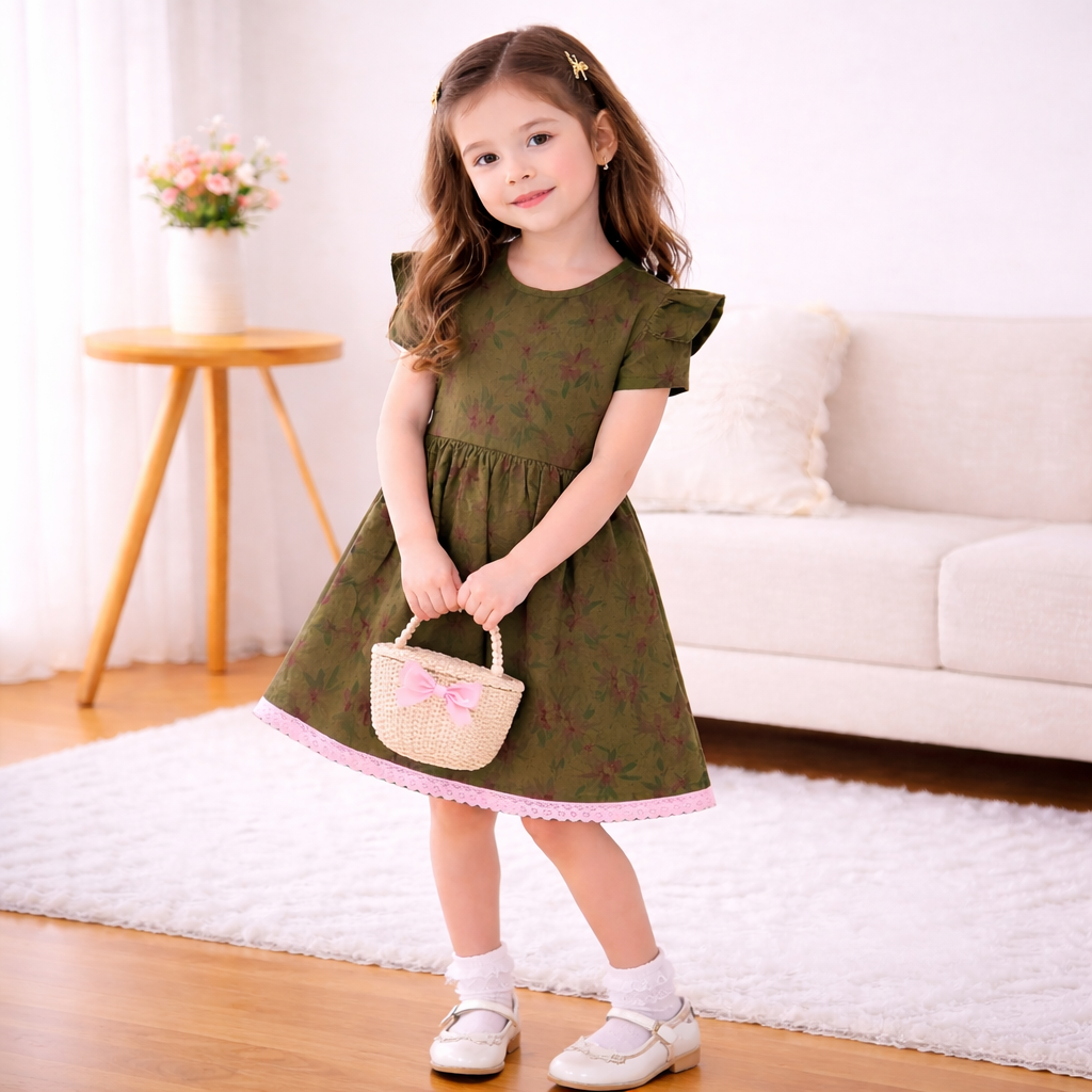 Elegant Olive Floral Girls Dress