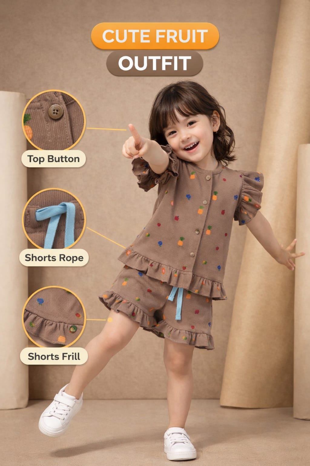 Brown Cute Fruit Girls Short Set
