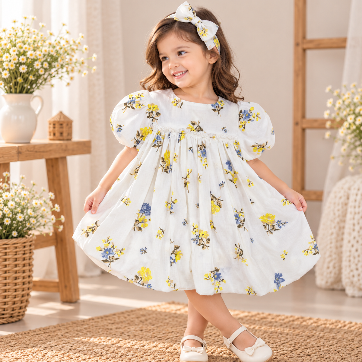White Floral Baby Girl Dress with Matching Headband