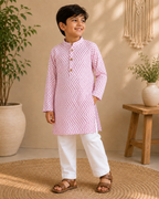 Pink Chundari Printed Kurta with White Pants Set