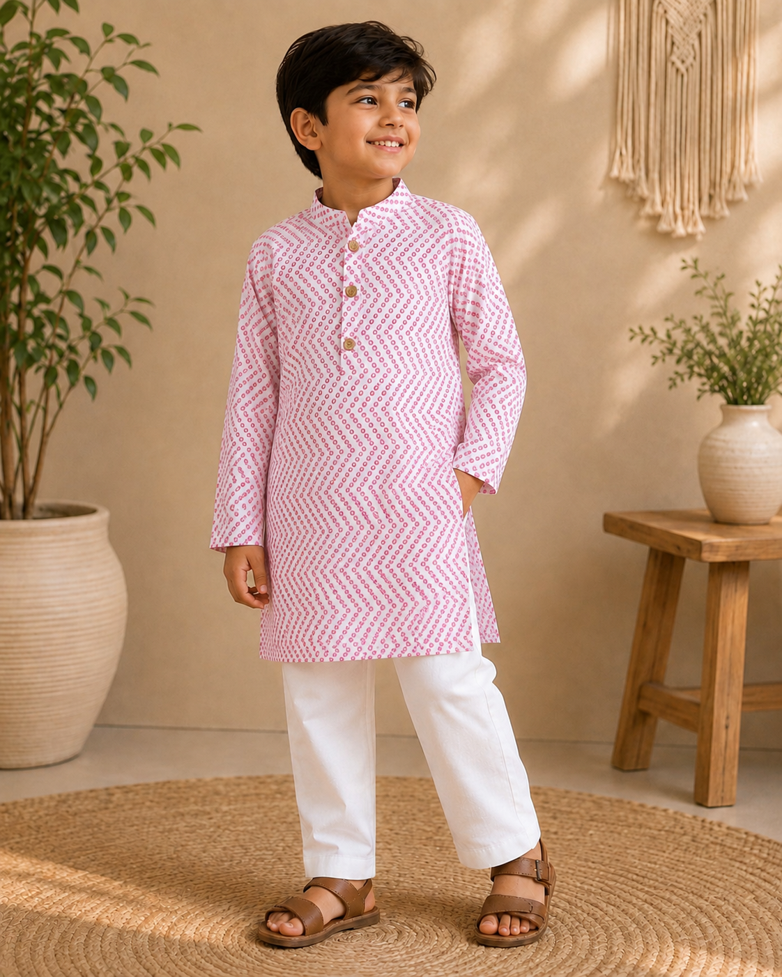 Pink Chundari Printed Kurta with White Pants Set