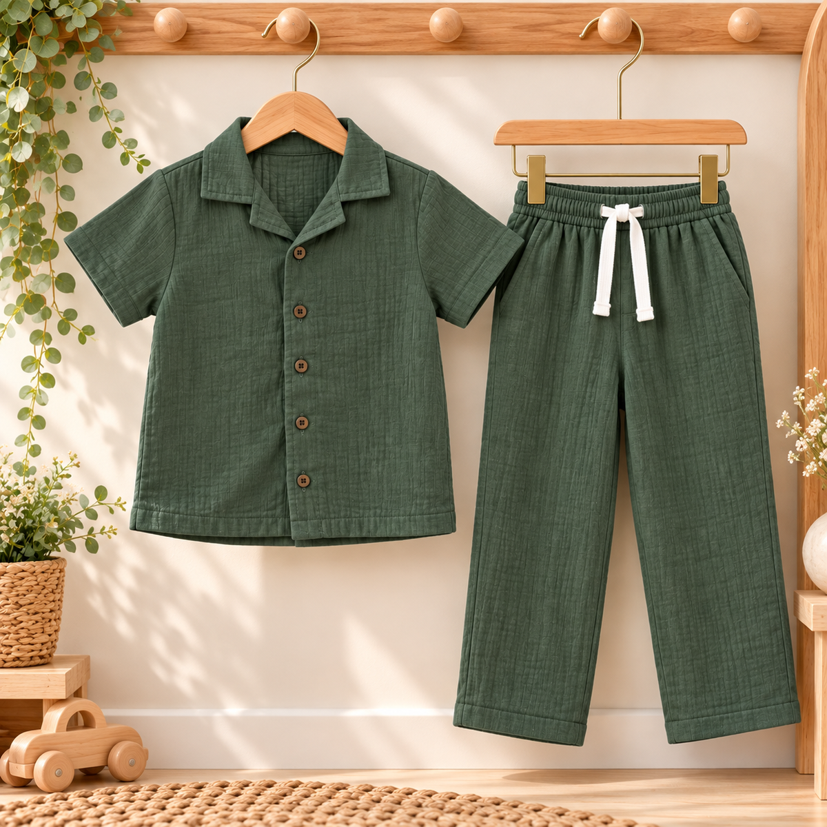 Dark Green Muslin Shirt & Pants Set