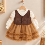 Girls’ Brown Leather-Look Vest & Tulle Party Dress
