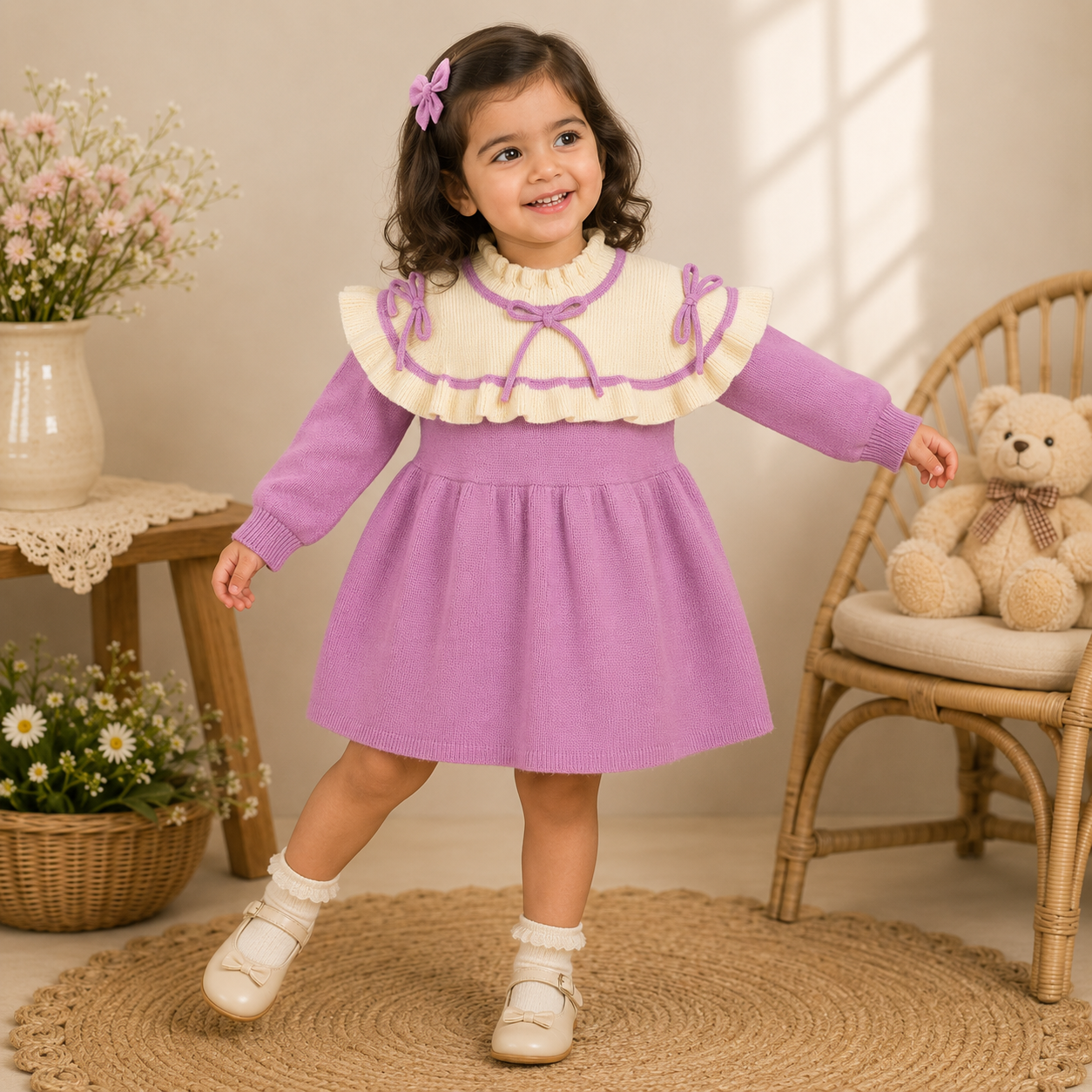 Mustard Yellow & Ivory Ruffle Knit Dress for Baby Girls