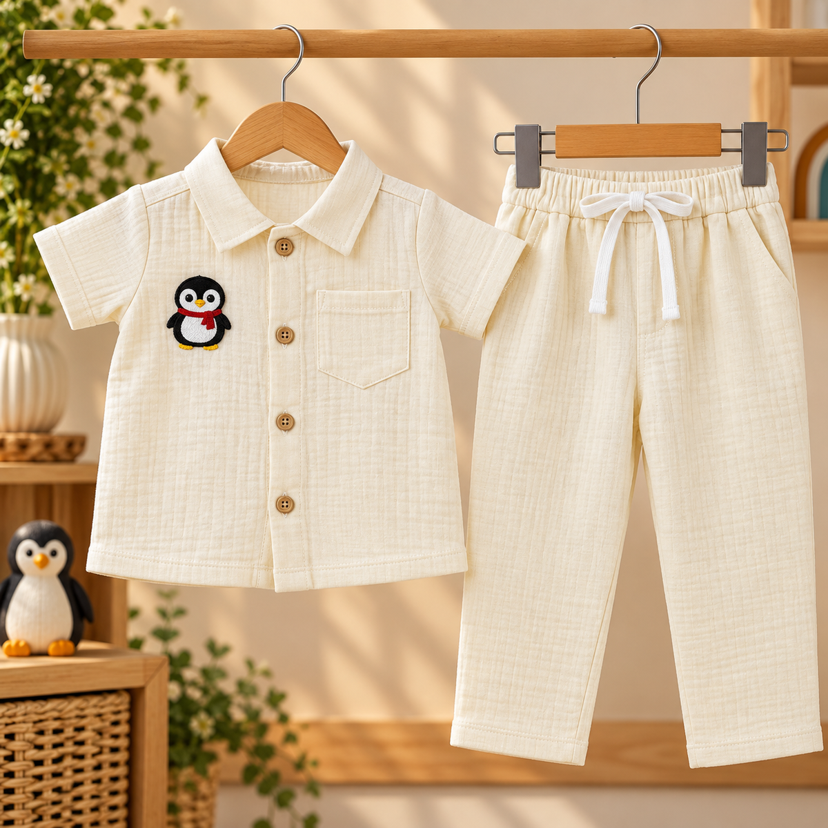 Little Penguin Muslin Shirt & Pants Set