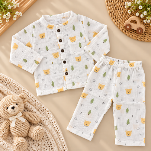 Cream Bear & Tree Printed Muslin Co-ord Set