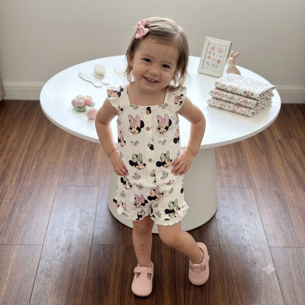 White Minnie Mouse Printed Top & Shorts Set