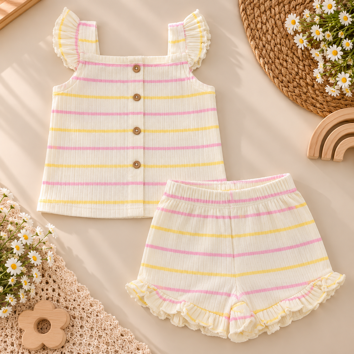 Ivory Pastel Striped Top & Shorts Set