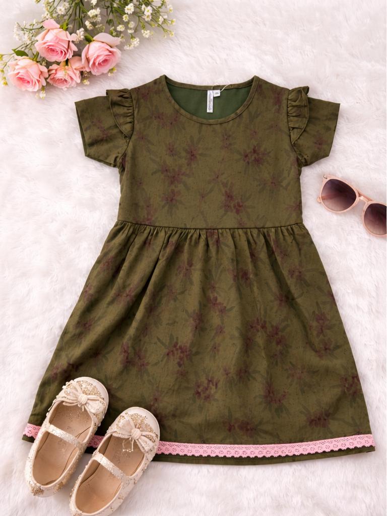 Elegant Olive Floral Girls Dress